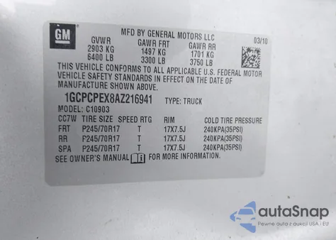 2010 Chevrolet Silverado 1500 Work Truck z USA, uszkodzony, nr VIN 1GCPCPEX8AZ216941